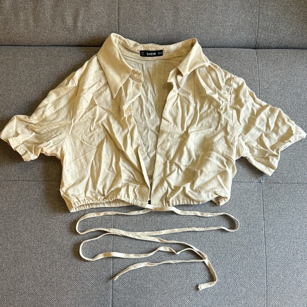 Linen blend collared tie front crop top cream XS SHEIN